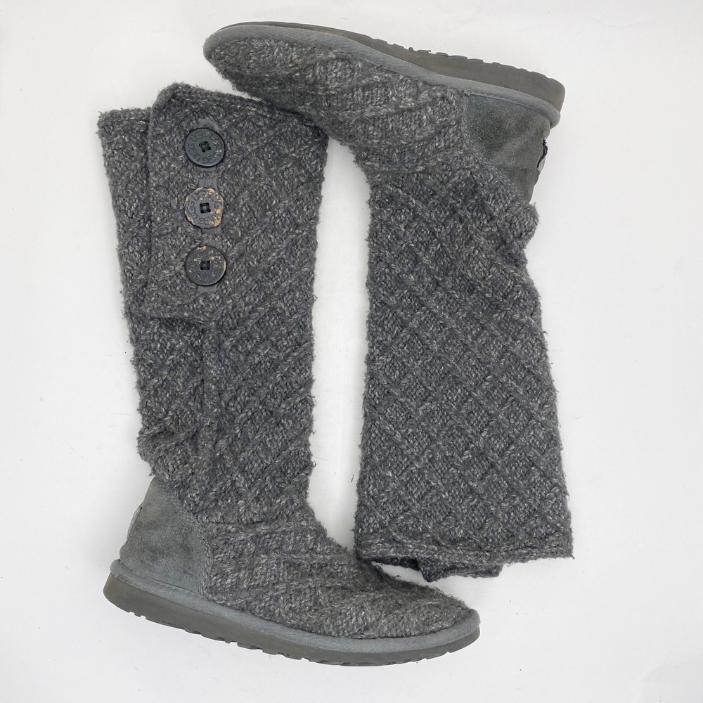 UGG Lattice Cardy Charcoal Gray Knit‎ Tall Button Boots 3066 Womens Size 6